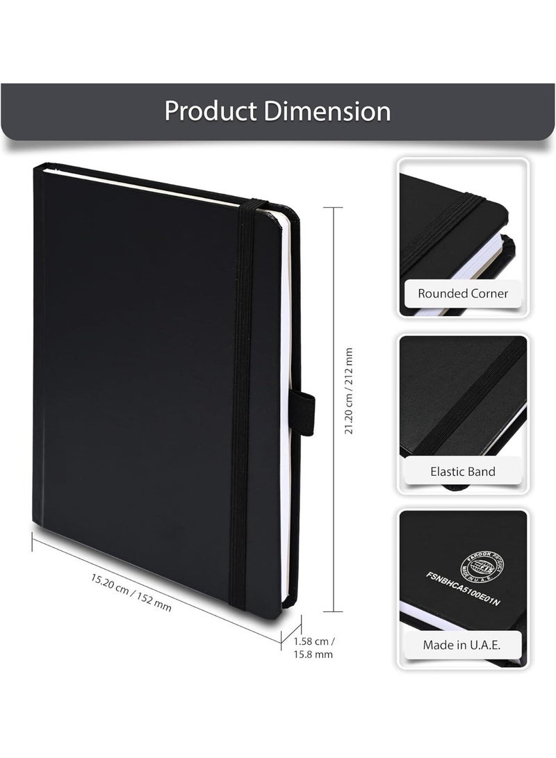 FIS Notebook A5 Size(148x210mm), Hard Cover Vinly Materials, 100 Sheets, White Paper, Single Ruled, Elastic Band Closure with Pen Holder, Black, Ideal for School Essentials - FSNBHCA5100E01N - Image 3